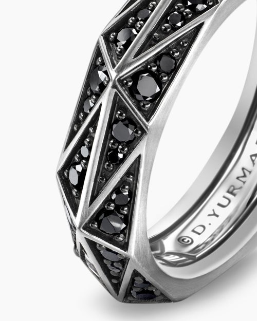 Mens Faceted Band Ring in Sterling Silver with Black Diamonds, 6.2mm