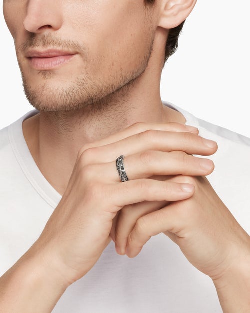 Mens Faceted Band Ring in Sterling Silver with Black Diamonds, 6.2mm