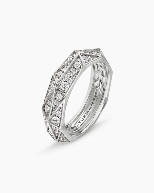 Mens Faceted Band Ring in Sterling Silver with Diamonds, 6.2mm