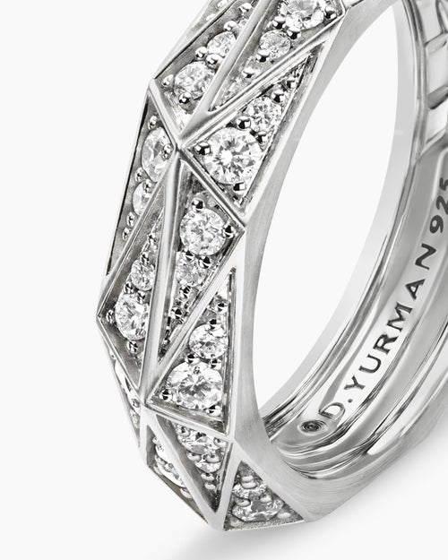 Mens Faceted Band Ring in Sterling Silver with Diamonds, 6.2mm