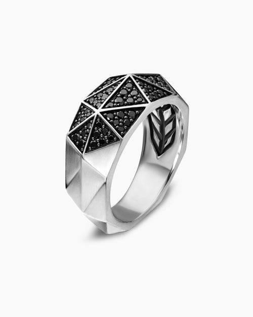 Mens Faceted Signet Ring in Sterling Silver with Black Diamonds, 11.3mm