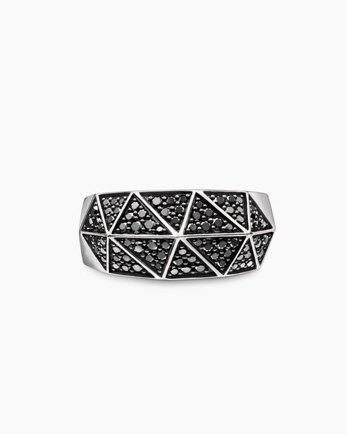 Mens Faceted Signet Ring in Sterling Silver with Black Diamonds, 11.3mm