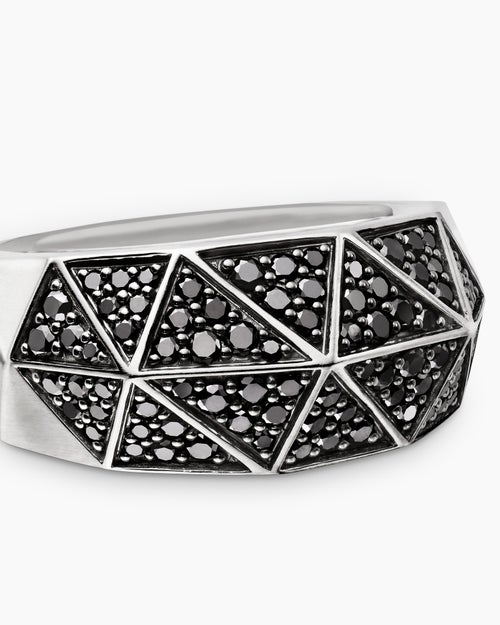 Mens Faceted Signet Ring in Sterling Silver with Black Diamonds, 11.3mm