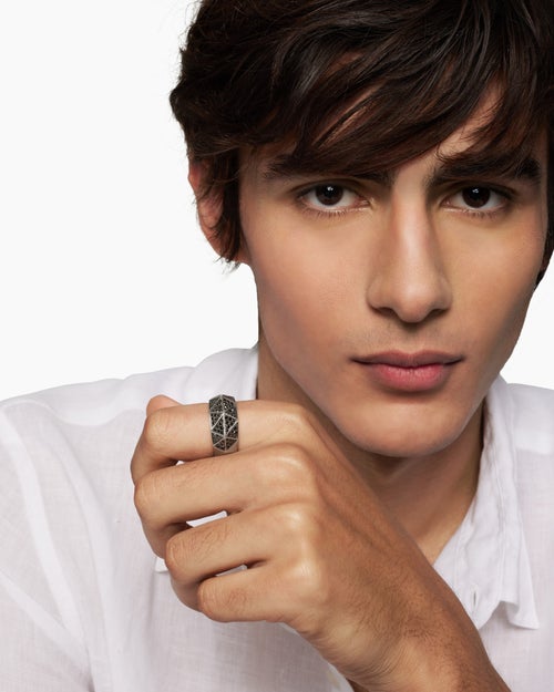 Mens Faceted Signet Ring in Sterling Silver with Black Diamonds, 11.3mm