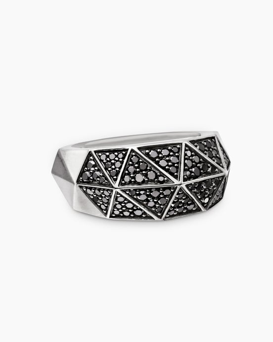 Faceted Signet Ring in Sterling Silver with Black Diamonds, 11.3mm
