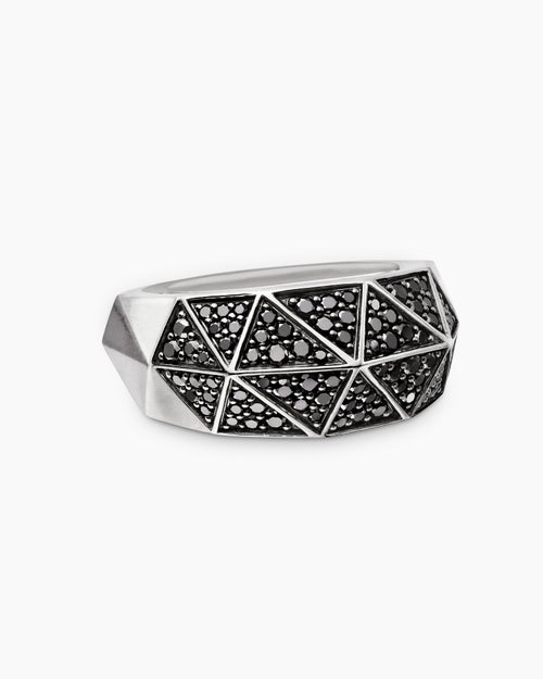 Mens Faceted Signet Ring in Sterling Silver with Black Diamonds, 11.3mm