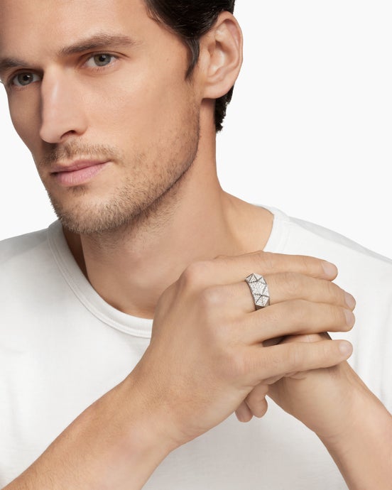 Torqued Faceted Signet Ring in Sterling Silver with Pavé Diamonds