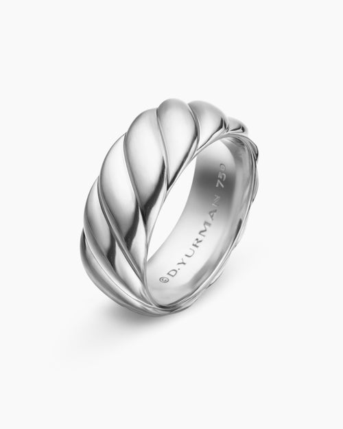 Mens Sculpted Cable Band Ring in 18K White Gold, 9mm