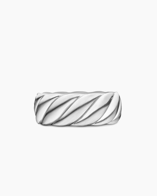 Mens Sculpted Cable Band Ring in 18K White Gold, 9mm