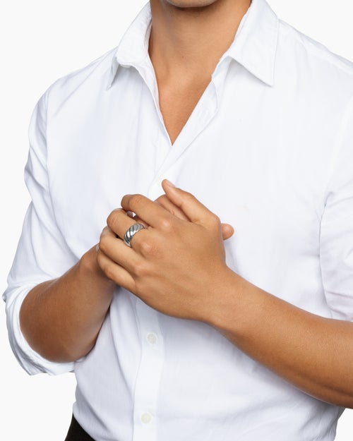 Mens Sculpted Cable Band Ring in 18K White Gold, 9mm