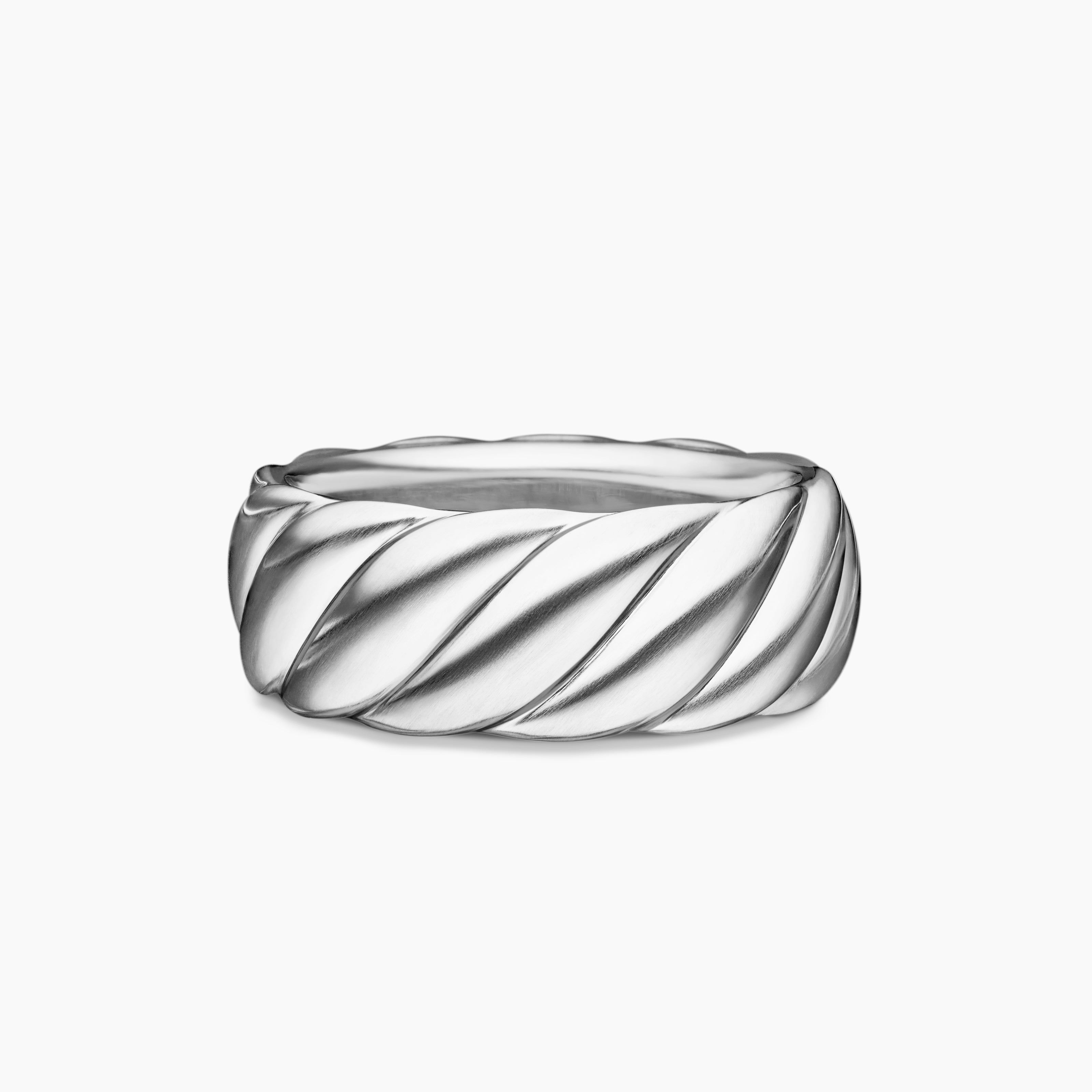Mens Sculpted Cable Band Ring in 18K White Gold, 9mm