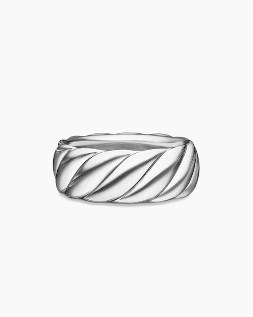 Mens Sculpted Cable Band Ring in 18K White Gold, 9mm