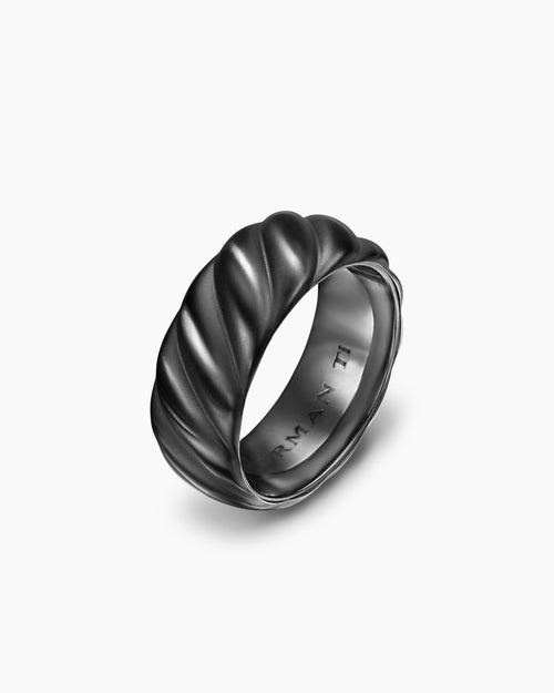 Mens Sculpted Cable Band Ring in Black Titanium, 9mm