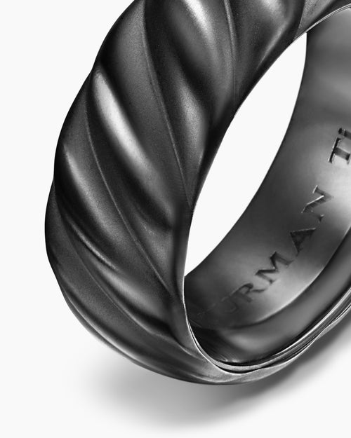 Mens Sculpted Cable Band Ring in Black Titanium, 9mm