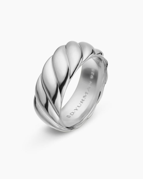 Mens Sculpted Cable Contour Band Ring in Sterling Silver, 9mm