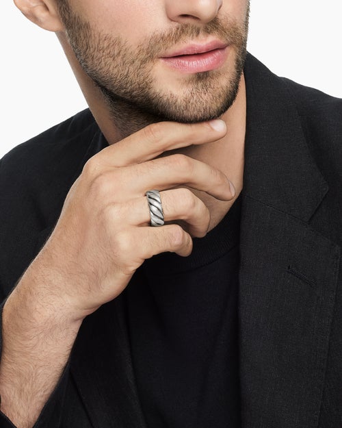 Mens Sculpted Cable Contour Band Ring in Sterling Silver, 9mm