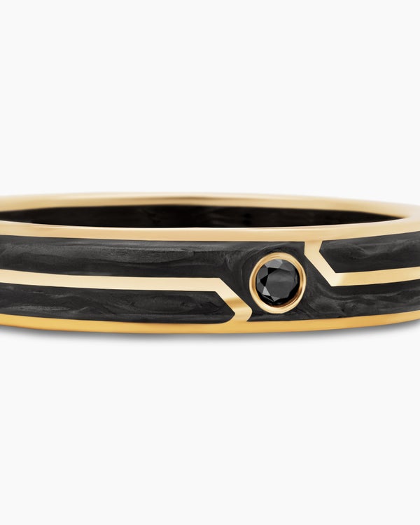Forged Carbon Band Ring in 18K Yellow Gold with Center Black Diamond, 4mm