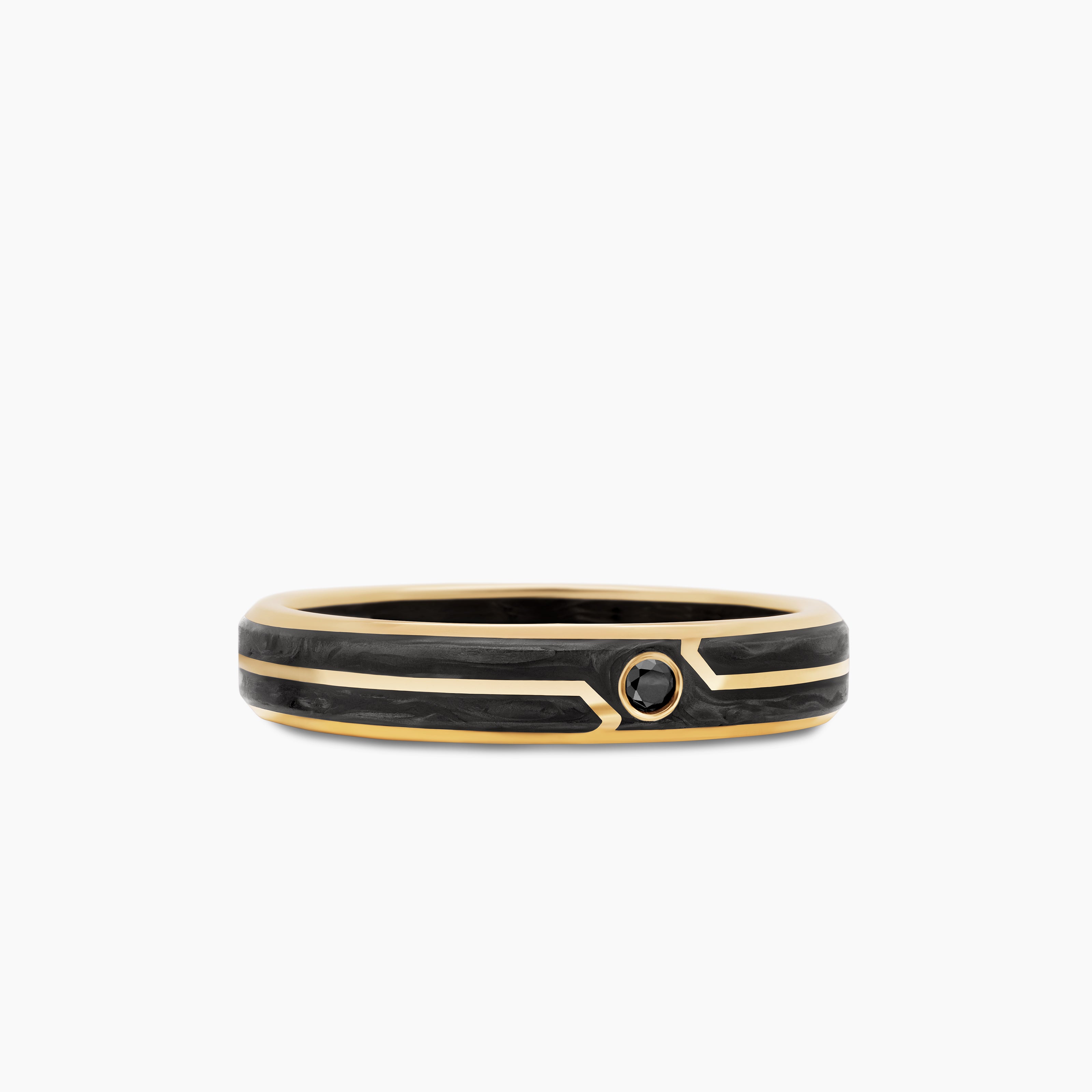 Mens Forged Carbon Band Ring in 18K Yellow Gold with Center Black Diamond, 4mm