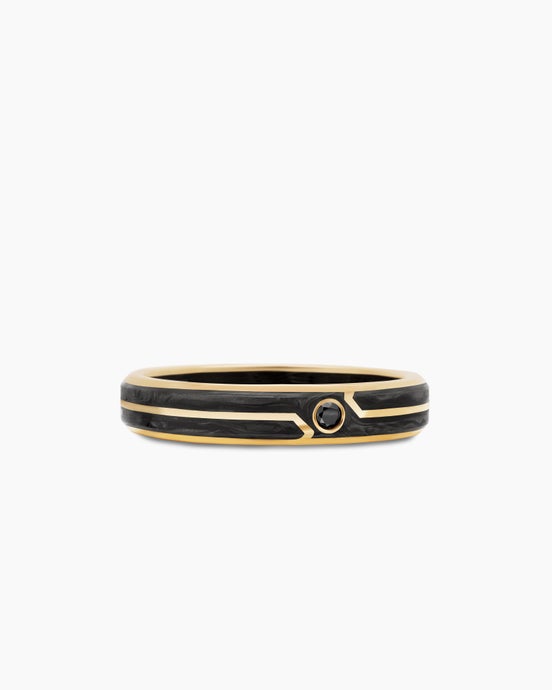 Forged Carbon Band Ring in 18K Yellow Gold with Center Black Diamond, 4mm