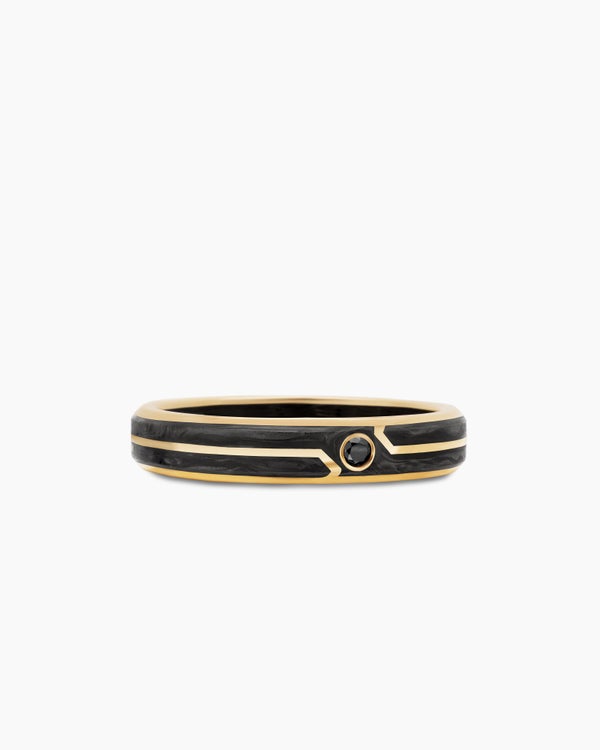 Forged Carbon Band Ring in 18K Yellow Gold with Center Black Diamond, 4mm