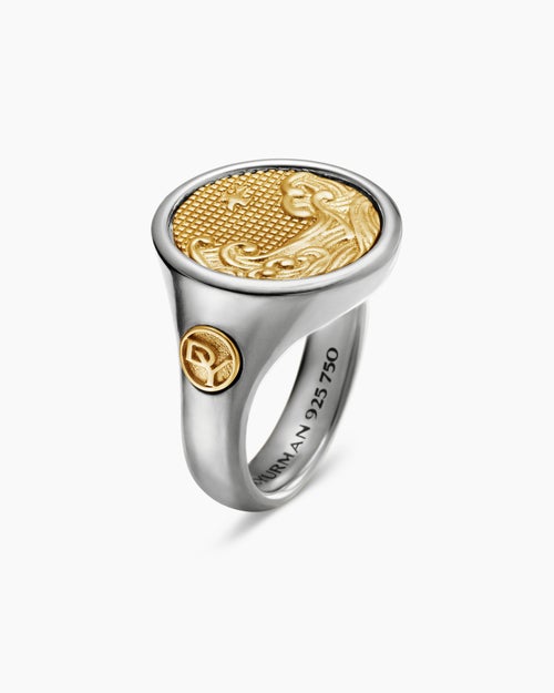 Mens Water and Fire Duality Signet Ring in Sterling Silver with 18K Yellow Gold, 20mm