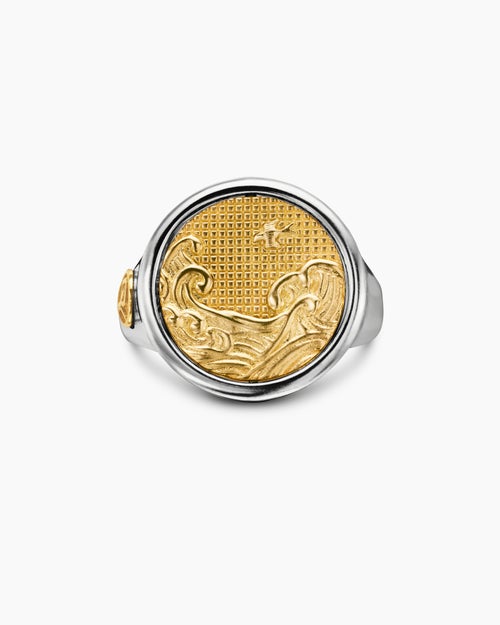 Mens Water and Fire Duality Signet Ring in Sterling Silver with 18K Yellow Gold, 20mm