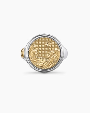 Water and Fire Duality Signet Ring in Sterling Silver with 18K Yellow Gold, 20mm