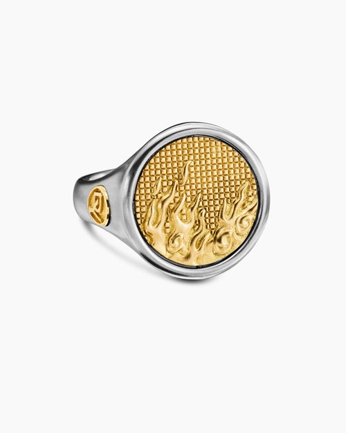 Mens Water and Fire Duality Signet Ring in Sterling Silver with 18K Yellow Gold, 20mm
