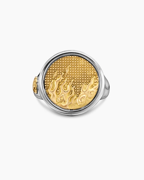 Mens Water and Fire Duality Signet Ring in Sterling Silver with 18K Yellow Gold, 20mm