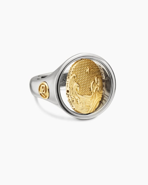 Mens Water and Fire Duality Signet Ring in Sterling Silver with 18K Yellow Gold, 20mm