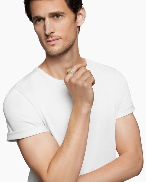 Mens Water and Fire Duality Signet Ring in Sterling Silver with 18K Yellow Gold, 20mm