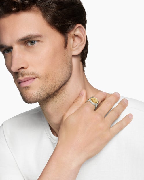 Mens Water and Fire Duality Signet Ring in Sterling Silver with 18K Yellow Gold, 20mm