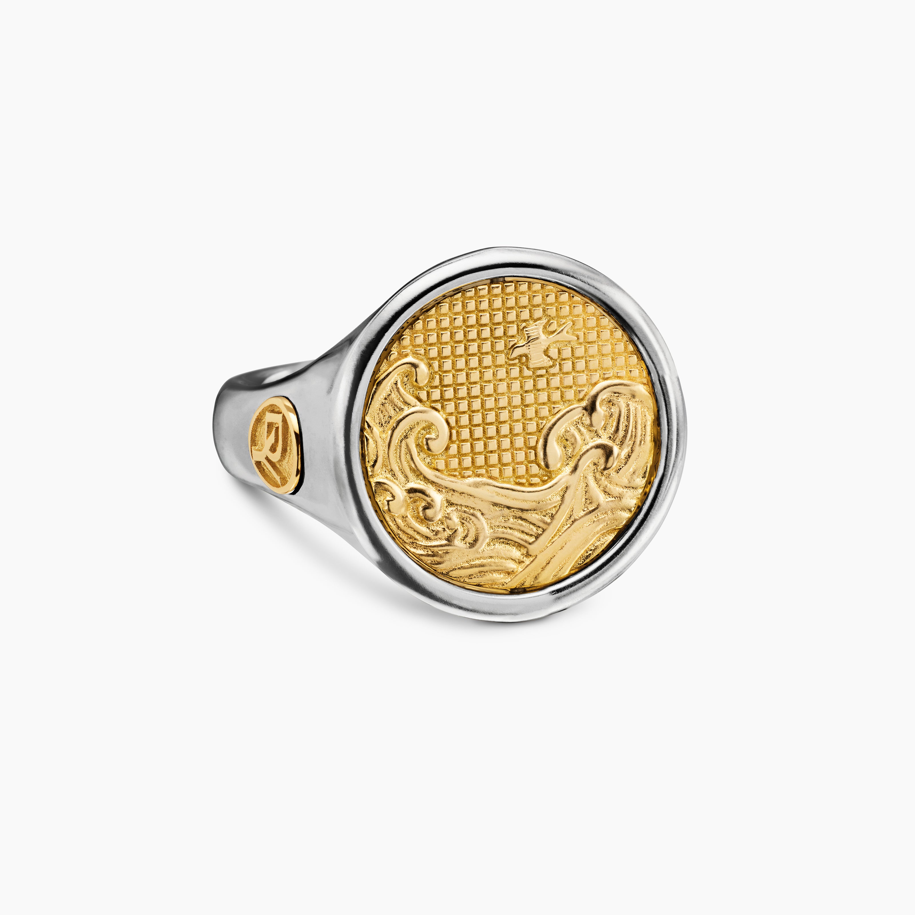 Mens Water and Fire Duality Signet Ring in Sterling Silver with 18K Yellow Gold, 20mm