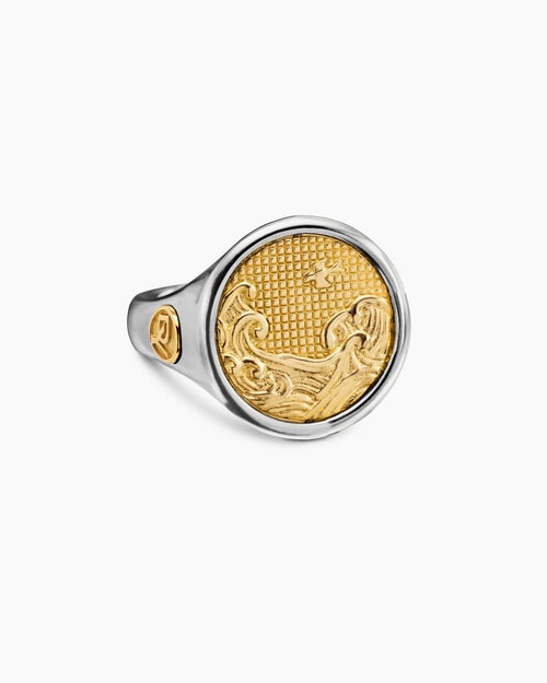 Mens Water and Fire Duality Signet Ring in Sterling Silver with 18K Yellow Gold, 20mm