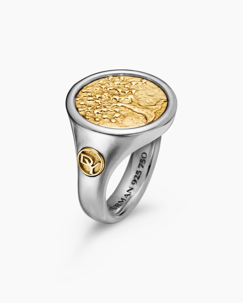 Mens Life and Death Duality Signet Ring in Sterling Silver with 18K Yellow Gold, 20mm