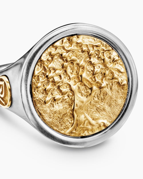 Mens Life and Death Duality Signet Ring in Sterling Silver with 18K Yellow Gold, 20mm