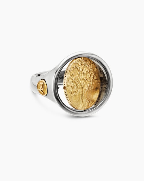 Mens Life and Death Duality Signet Ring in Sterling Silver with 18K Yellow Gold, 20mm