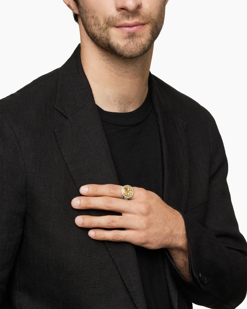 Mens Life and Death Duality Signet Ring in Sterling Silver with 18K Yellow Gold, 20mm