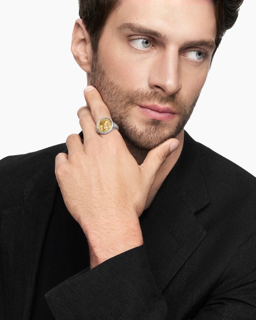 Mens Life and Death Duality Signet Ring in Sterling Silver with 18K Yellow Gold, 20mm