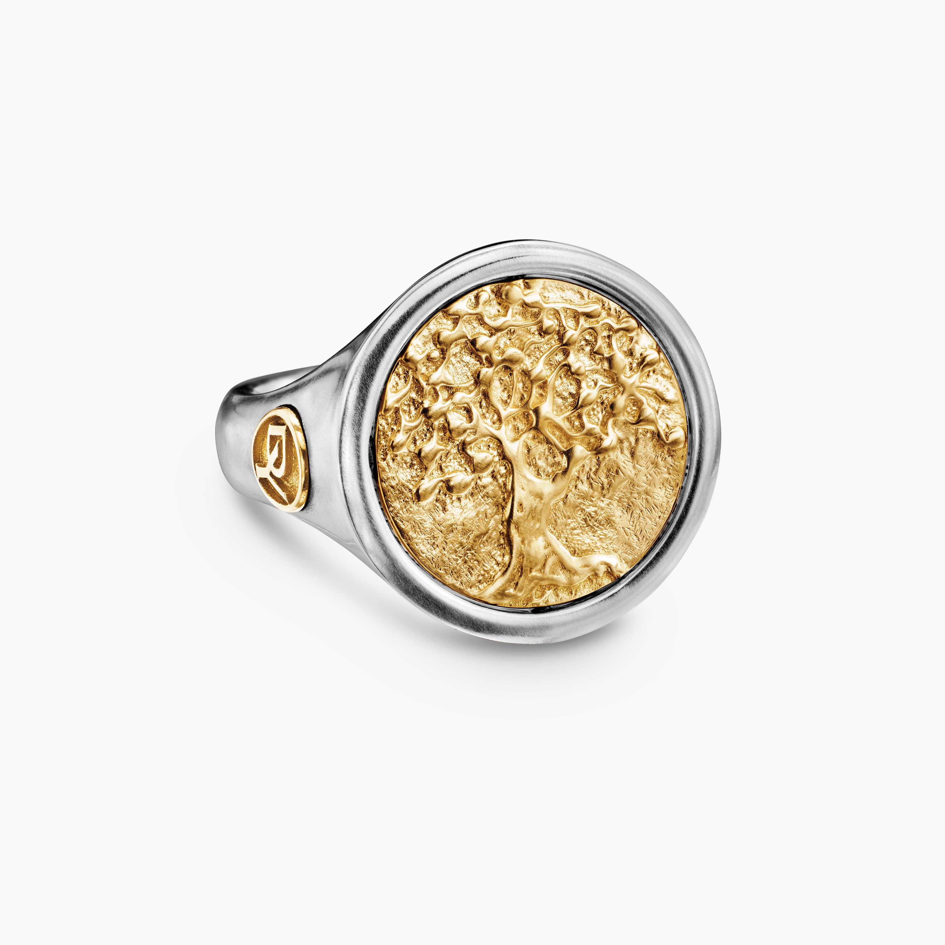 Mens Life and Death Duality Signet Ring in Sterling Silver with 18K Yellow Gold, 20mm