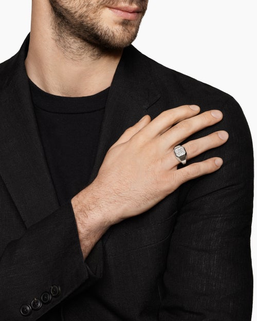 Mens Streamline® Signet Ring in Sterling Silver with Diamonds, 14mm