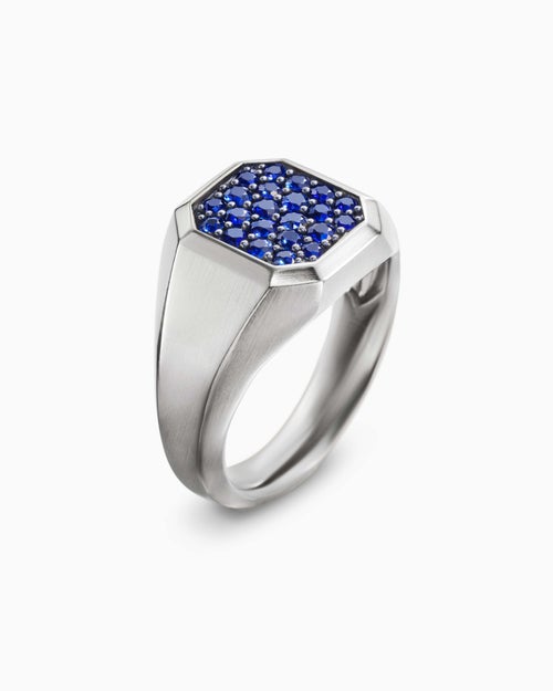 Mens Streamline® Signet Ring in Sterling Silver with Blue Sapphires, 14mm