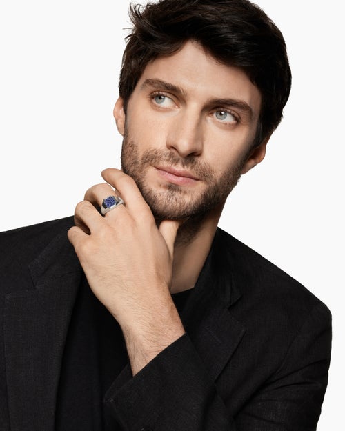 Mens Streamline® Signet Ring in Sterling Silver with Blue Sapphires, 14mm