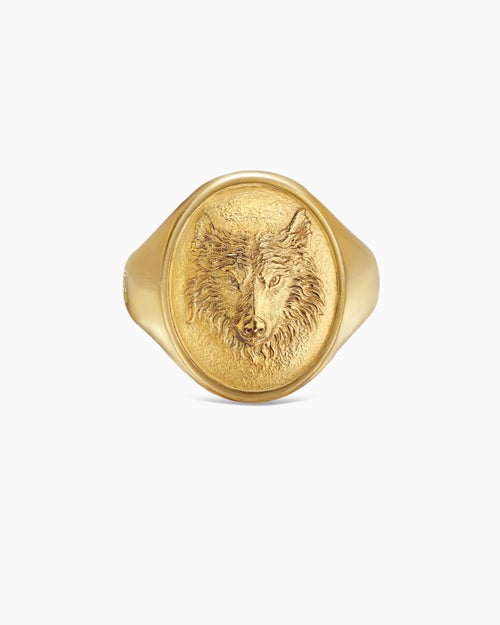 Mens Petrvs Wolf Signet Ring in 18K Yellow Gold, 21.5mm