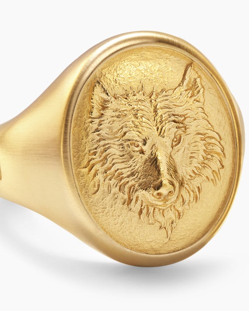 Mens Petrvs® Wolf Signet Ring in 18K Yellow Gold, 21.5mm