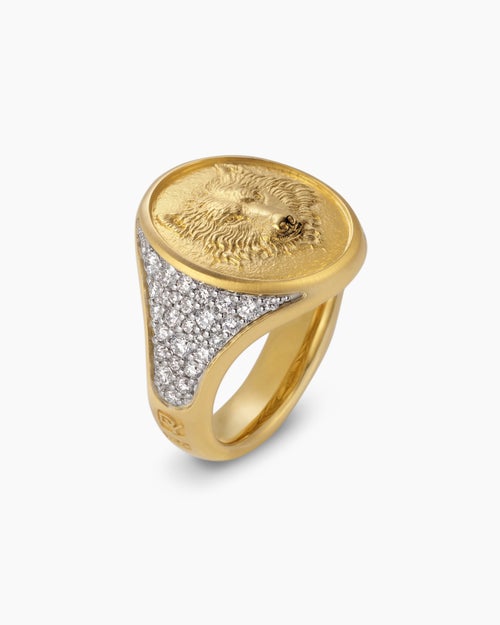 Mens Petrvs® Wolf Signet Ring in 18ct Yellow Gold with Diamonds, 21.5mm
