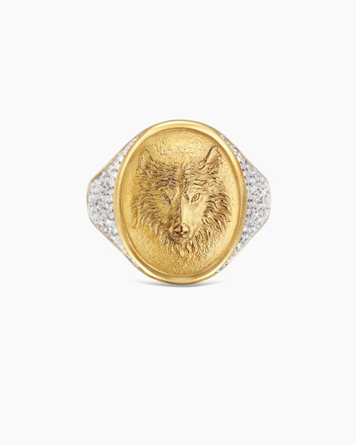 Mens Petrvs® Wolf Signet Ring in 18ct Yellow Gold with Diamonds, 21.5mm