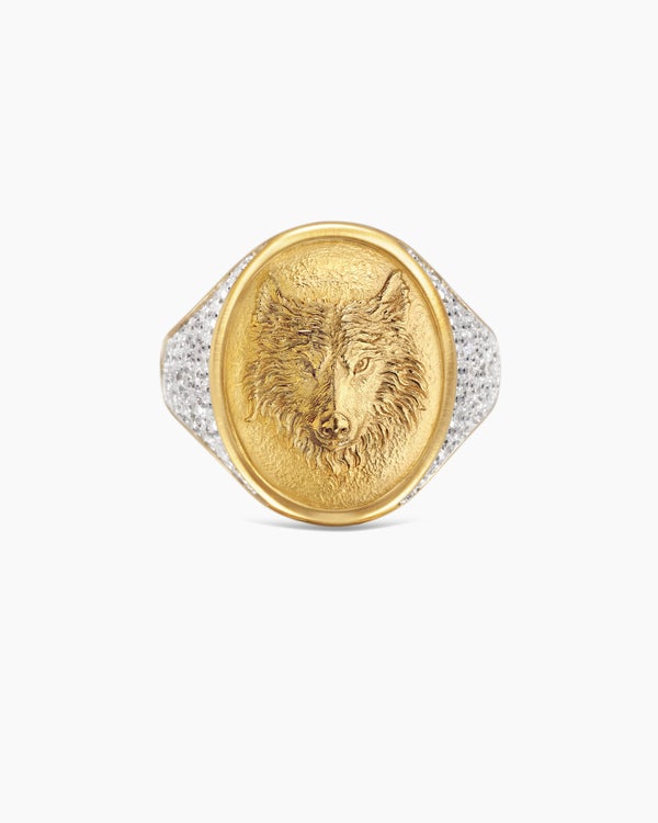 Petrvs® Wolf Signet Ring in 18K Yellow Gold with Diamonds, 21.5mm