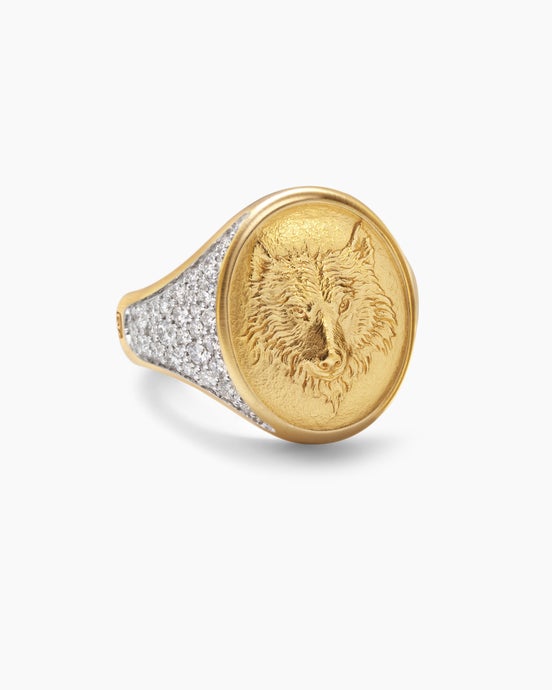 Petrvs® Wolf Signet Ring in 18ct Yellow Gold with Diamonds, 21.5mm