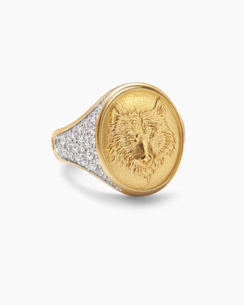 Mens Petrvs® Wolf Signet Ring in 18ct Yellow Gold with Diamonds, 21.5mm